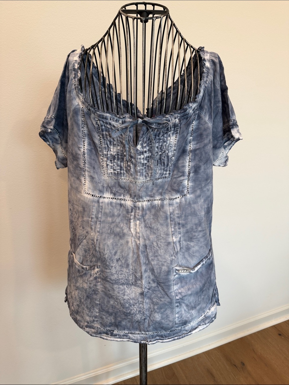 Koi Blue Tie Dye Peasant Scrub Top